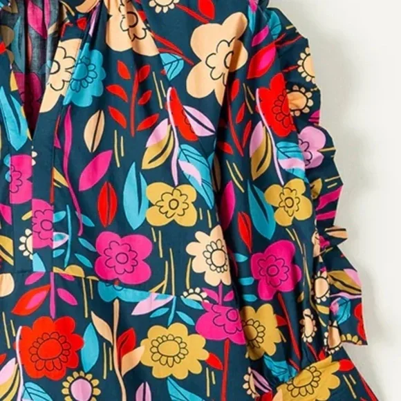 NWT! Green Floral Print Puff Sleeve Ruffled Mini Dress boho retro layered SZ S - Picture 11 of 15